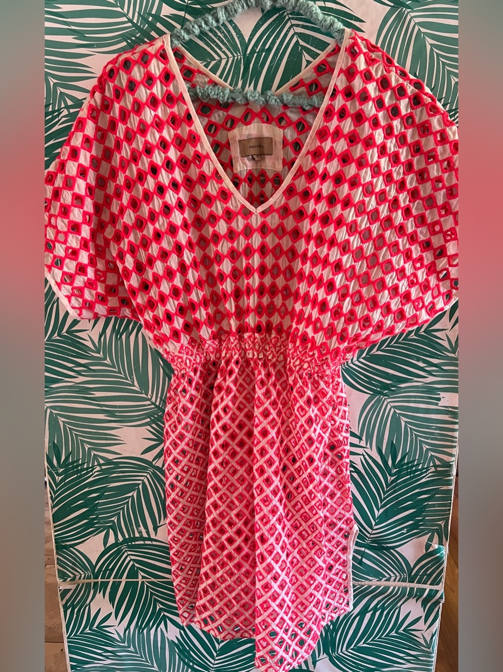Anthropology X Kachel Pink and White Geometric V-Neck Dress w/elastic waist S